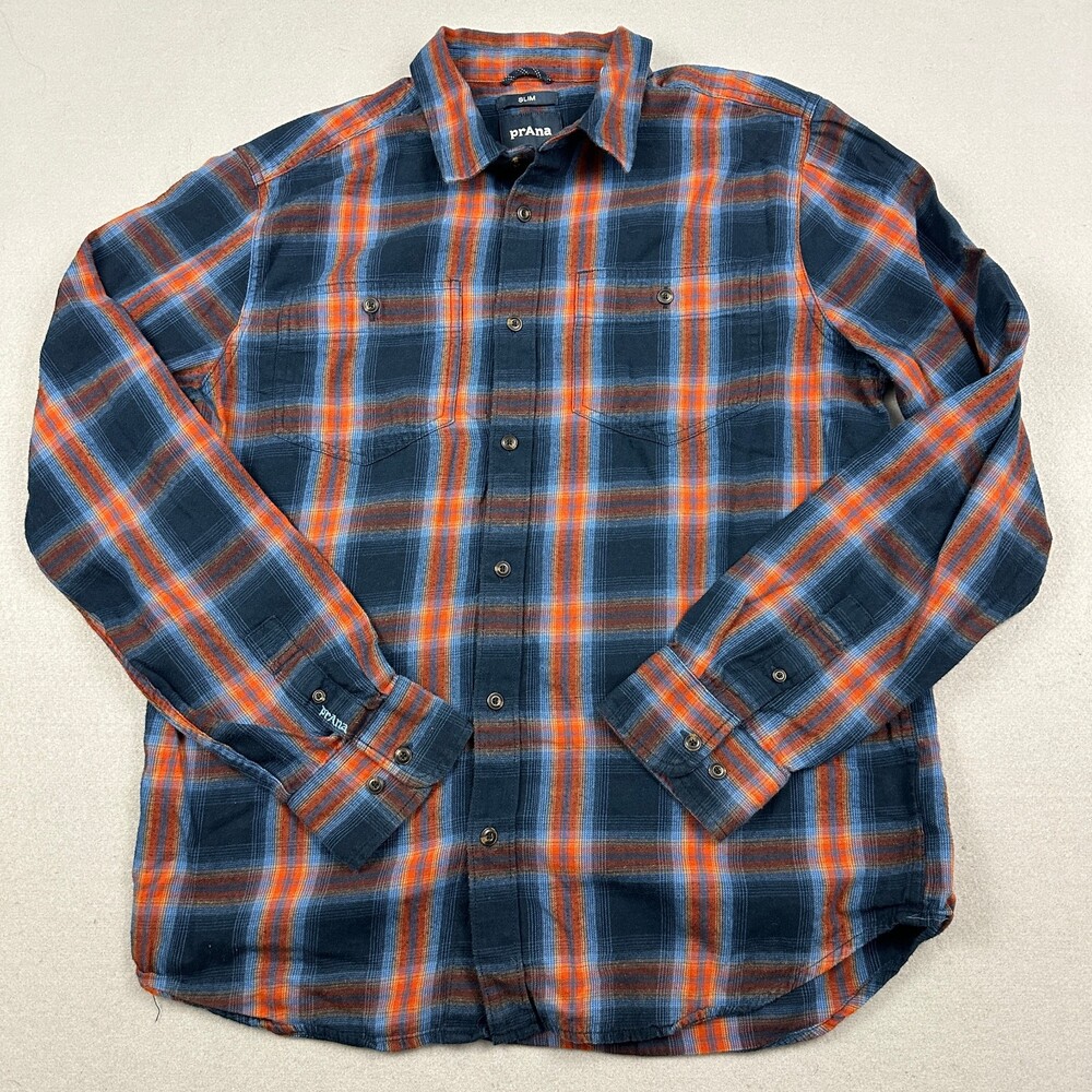 prAna Shirt Men Medium Blue Orange Plaid Long Sleeve Button Up Outdoor Hiking M